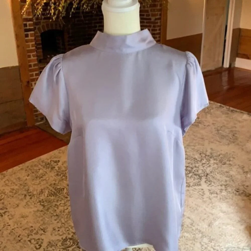 Purple J. Crew Collection Mock Neck Tie Neck Short Sleeve Blouse Top (NWT)